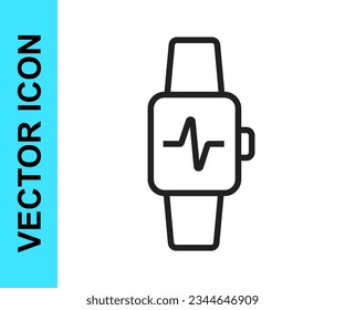 Black line Smart watch showing heart beat rate icon isolated on white background. Fitness App concept.  Vector