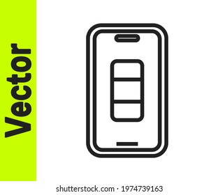 Black line Smartphone battery charge icon isolated on white background. Phone with a low battery charge.  Vector