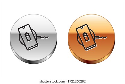 Black line Smartphone charging on wireless charger icon isolated on white background. Charging battery on charging pad. Silver-gold circle button. Vector Illustration