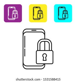 Black line Smartphone with closed padlock icon isolated on white background. Phone with lock. Mobile security, safety, protection concept. Set icons colorful square buttons. Vector Illustration