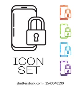 Black line Smartphone with closed padlock icon isolated on white background. Phone with lock. Mobile security, safety, protection concept. Set icons colorful. Vector Illustration