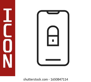 Línea negra Smartphone con candado cerrado aislado en fondo blanco. Teléfono con candado. Seguridad móvil, concepto de protección.  Ilustración vectorial