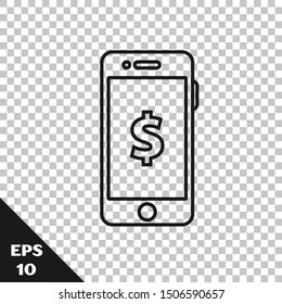 Black line Smartphone with dollar symbol icon isolated on transparent background. Online shopping concept. Financial mobile phone icon. Online payment.  Vector Illustration