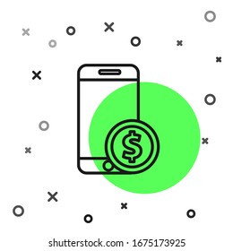 Black line Smartphone with dollar symbol icon isolated on white background. Online shopping concept. Financial mobile phone. Online payment.  Vector Illustration