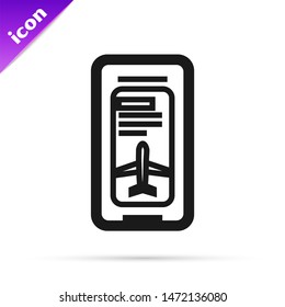 Black line Smartphone with electronic boarding pass airline ticket icon isolated on white background. Passenger plane mobile ticket for web and app.  Vector Illustration