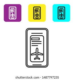 Black line Smartphone with electronic boarding pass airline ticket icon on white background. Passenger plane mobile ticket for web and app. Set icons colorful square buttons. Vector Illustration