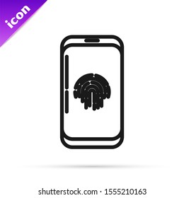 Black line Smartphone with fingerprint scanner icon isolated on white background. Concept of security, personal access via finger on mobile phone.  Vector Illustration