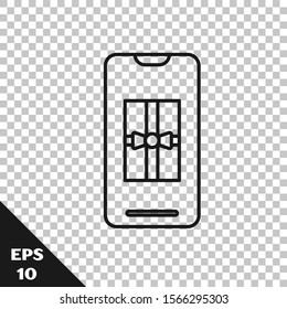 Black line Smartphone with gift box on the screen icon isolated on transparent background. Merry Christmas and Happy New Year.  Vector Illustration