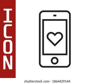 Black line Smartphone with heart emoji speech bubble get message on screen icon isolated on white background. Valentines day.  Vector