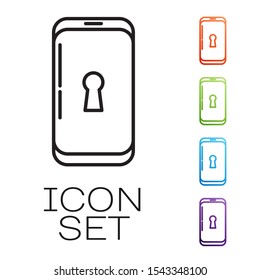 Black line Smartphone with lock icon isolated on white background. Phone with lock. Mobile security, safety, protection concept. Set icons colorful. Vector Illustration