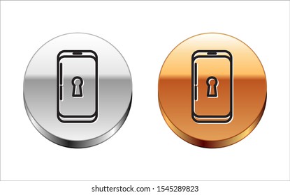 Black line Smartphone with lock icon isolated on white background. Phone with lock. Mobile security, safety, protection concept. Silver-gold circle button. Vector Illustration