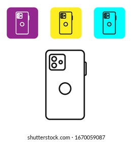 Black line Smartphone, mobile phone icon isolated on white background. Set icons colorful square buttons. Vector Illustration