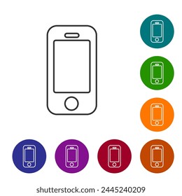 Black line Smartphone, mobile phone icon isolated on white background. Set icons in color circle buttons. Vector