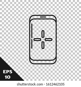 Black line Smartphone and playing in game icon isolated on transparent background. Mobile gaming concept.  Vector Illustration
