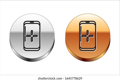 Black line Smartphone and playing in game icon isolated on white background. Mobile gaming concept. Silver-gold circle button. Vector Illustration