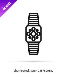 Black line Smartwatch icon isolated on white background.  Vector Illustration