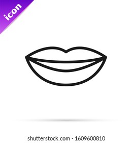 Black line Smiling lips icon isolated on white background. Smile symbol.  Vector Illustration
