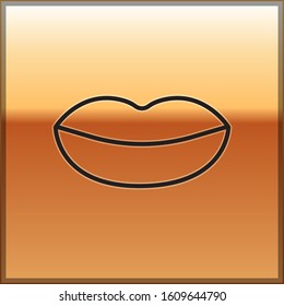 Black line Smiling lips icon isolated on gold background. Smile symbol.  Vector Illustration