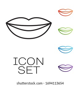 Black line Smiling lips icon isolated on white background. Smile symbol. Set icons colorful. Vector Illustration