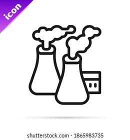 Black line Smoke from factory icon isolated on white background. Environmental pollution problem, smoke pipes of factory, ecology industrial harm.  Vector