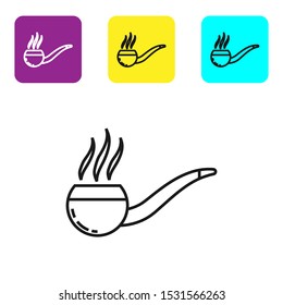 Black line Smoking pipe with smoke icon isolated on white background. Tobacco pipe. Set icons colorful square buttons. Vector Illustration