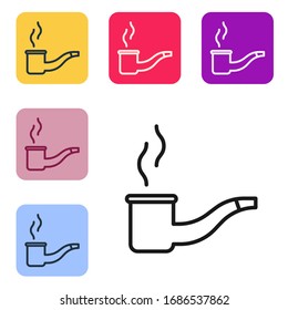 Black line Smoking pipe with smoke icon isolated on white background. Tobacco pipe. Set icons in color square buttons. Vector Illustration
