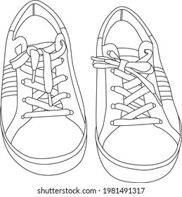Black line sneakers drawing vector illustration