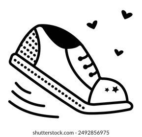 Black line sneakers icon, vector monochrome illustration of running. Single boot with hearts, editable stroke sign