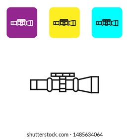 Black line Sniper optical sight icon isolated on white background. Sniper scope crosshairs. Set icons colorful square buttons. Vector Illustration