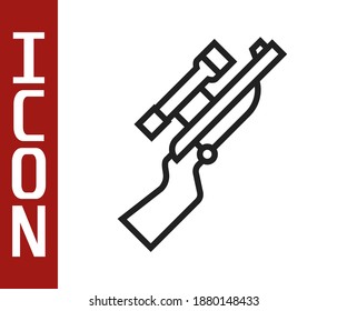 Fusil Sniper de línea negra con icono de ámbito aislado en fondo blanco.  Vector