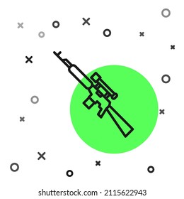 Fusil Sniper de línea negra con icono de ámbito aislado en fondo blanco.  Ilustración vectorial