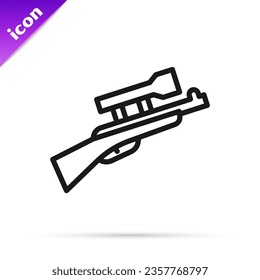 Schwarze Linie Sniper Gewehr mit Scope-Symbol einzeln auf weißem Hintergrund.  Vektorgrafik