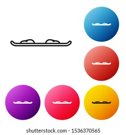 Black line Snowboard icon isolated on white background. Snowboarding board icon. Extreme sport. Sport equipment. Set icons colorful circle buttons. Vector Illustration