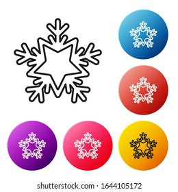 Black line Snowflake icon isolated on white background. Merry Christmas and Happy New Year. Set icons colorful circle buttons. Vector Illustration