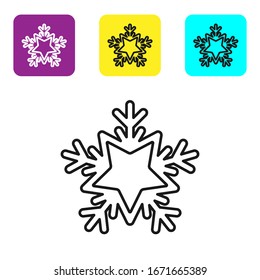 Black line Snowflake icon isolated on white background. Merry Christmas and Happy New Year. Set icons colorful square buttons. Vector Illustration