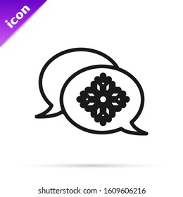 Black line Snowflake with speech bubble icon isolated on white background. Merry Christmas and Happy New Year.  Vector Illustration