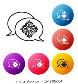 Black line Snowflake with speech bubble icon isolated on white background. Merry Christmas and Happy New Year. Set icons colorful circle buttons. Vector Illustration