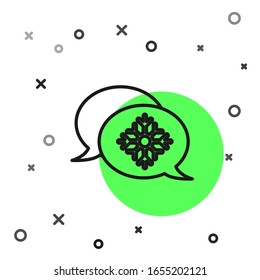 Black line Snowflake with speech bubble icon isolated on white background. Merry Christmas and Happy New Year.  Vector Illustration