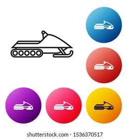 Black line Snowmobile icon isolated on white background. Snowmobiling sign. Extreme sport. Set icons colorful circle buttons. Vector Illustration