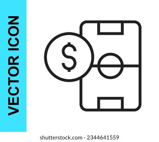 Black line Soccer football betting money icon isolated on white background. Football bet bookmaker. Soccer betting online make money.  Vector