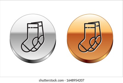 Black line Socks icon isolated on white background. Silver-gold circle button. Vector Illustration