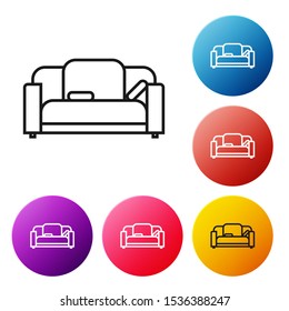 Black line Sofa icon isolated on white background. Set icons colorful circle buttons. Vector Illustration