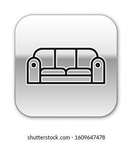 Black line Sofa icon isolated on white background. Silver square button. Vector Illustration