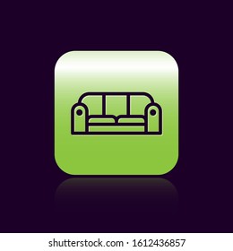 Black line Sofa icon isolated on black background. Green square button. Vector Illustration