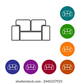 Black line Sofa icon isolated on white background. Set icons in color circle buttons. Vector