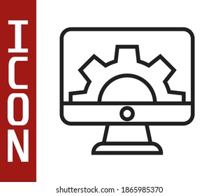 Black line Software, web development, programming concept icon isolated on white background. Programming language and program code on screen monitor.  Vector