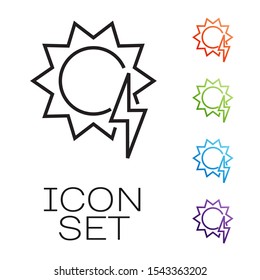 Black line Solar energy panel icon isolated on white background. Sun with lightning symbol. Set icons colorful. Vector Illustration