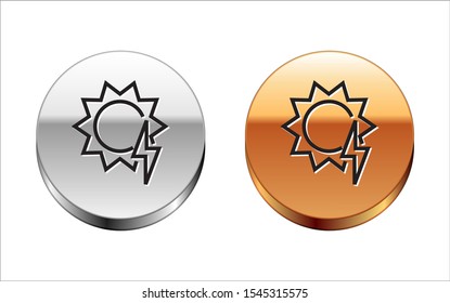 Black line Solar energy panel icon isolated on white background. Sun with lightning symbol. Silver-gold circle button. Vector Illustration