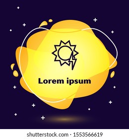 Black line Solar energy panel icon isolated on dark blue background. Sun with lightning symbol. Abstract banner with liquid shapes. Vector Illustration