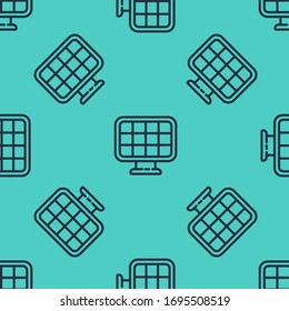 Black line Solar energy panel icon isolated seamless pattern on green background.  Vector Illustration
